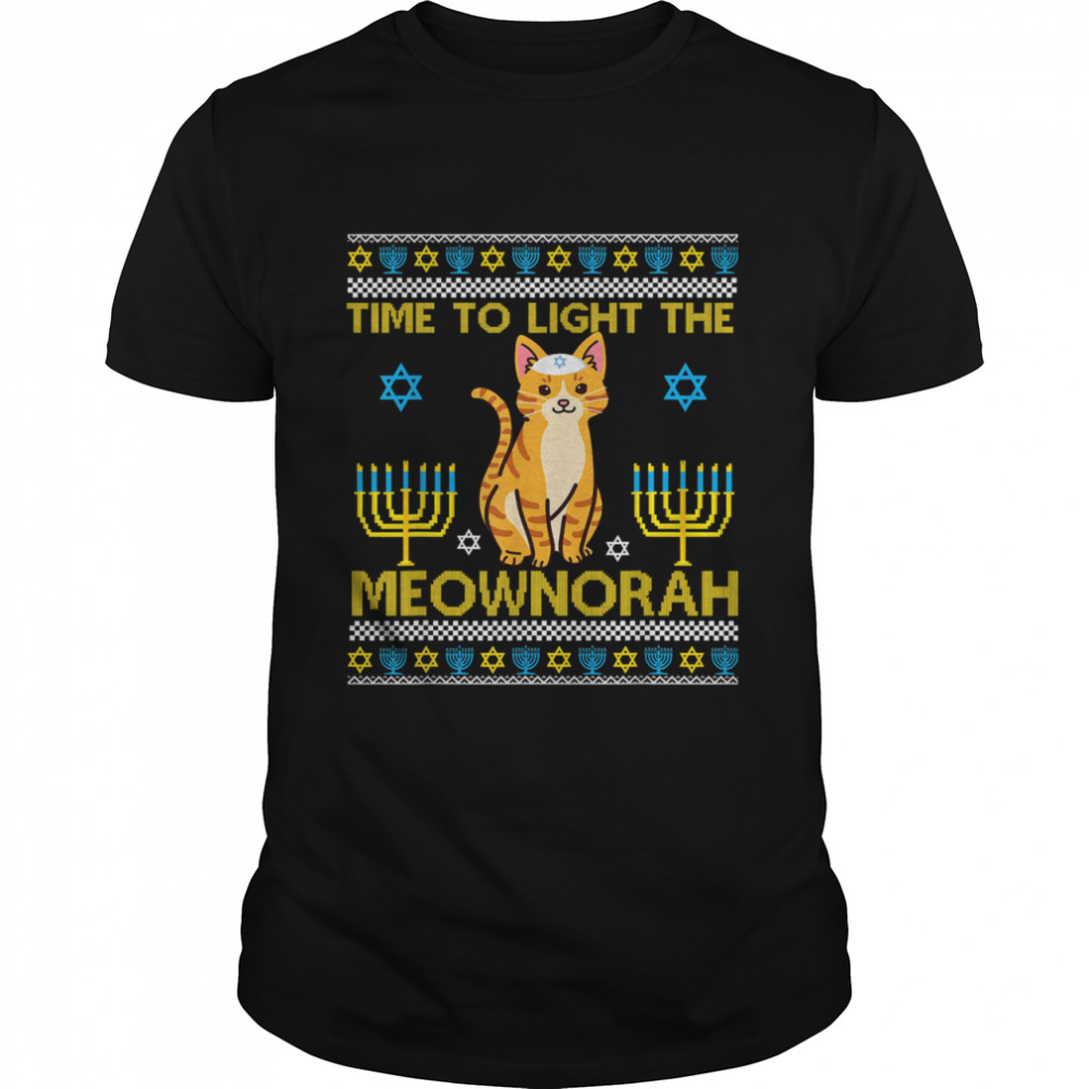Time to Light The Meownorah Jewish Cat Menorah Lover Ugly Chanukah T-Shirt