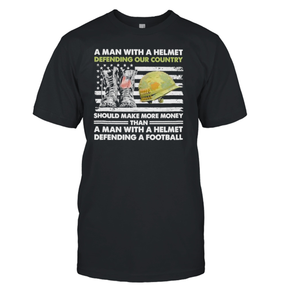 A man with a helmet defending our country America Veteran flag shirt