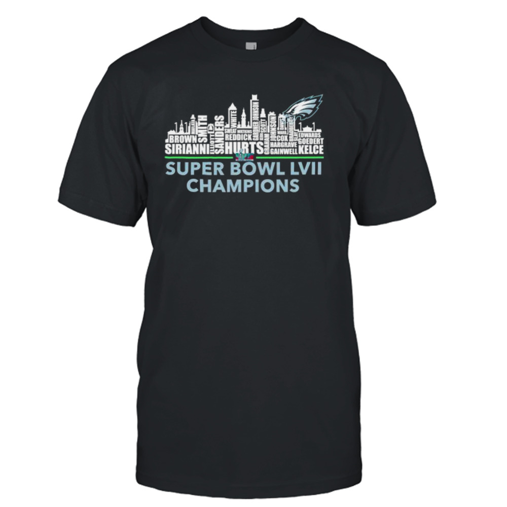 Philadelphia Eagles Players names skyline Super Bowl LVII champions shirt