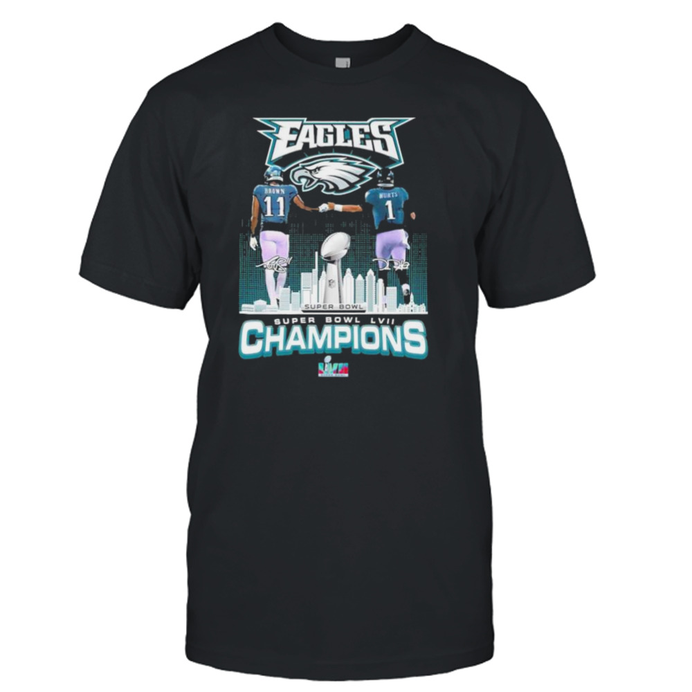 Philadelphia Eagles skyline, A J Brown and Jalen Hurts Super Bowl LVII champions signatures shirt