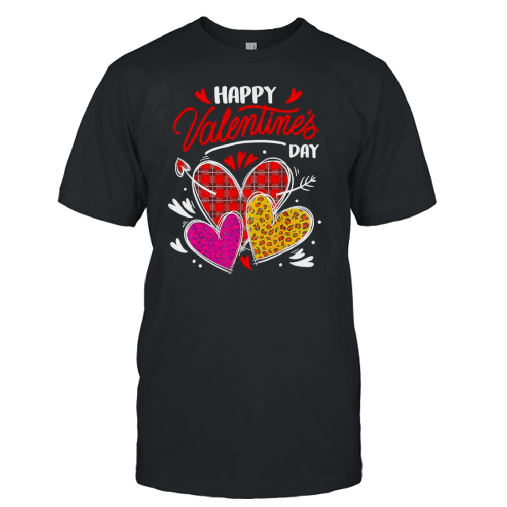 Happy Valentine’s Day Three Leopard And Plaid Hearts Girls T-Shirt