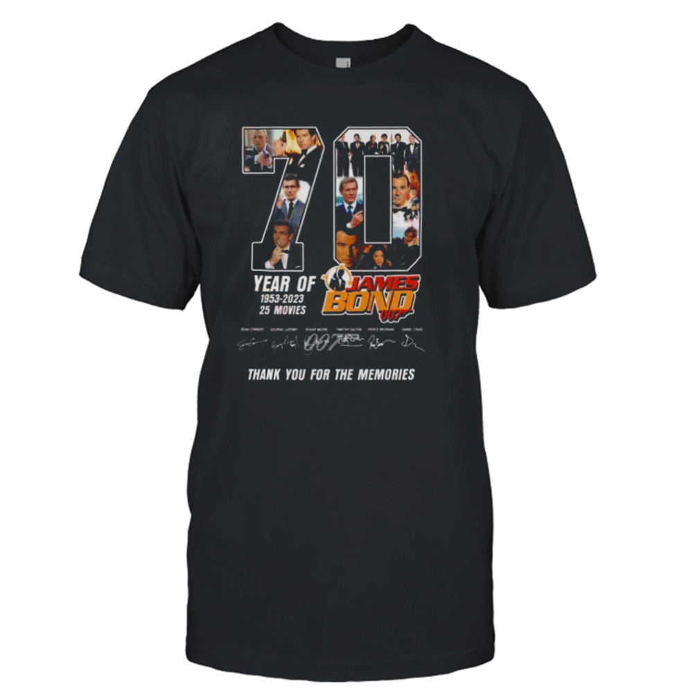 70 Years Of 1953 – 2023 25 Movies James Bond 007 Thank You For The Memories Signatures Shirt