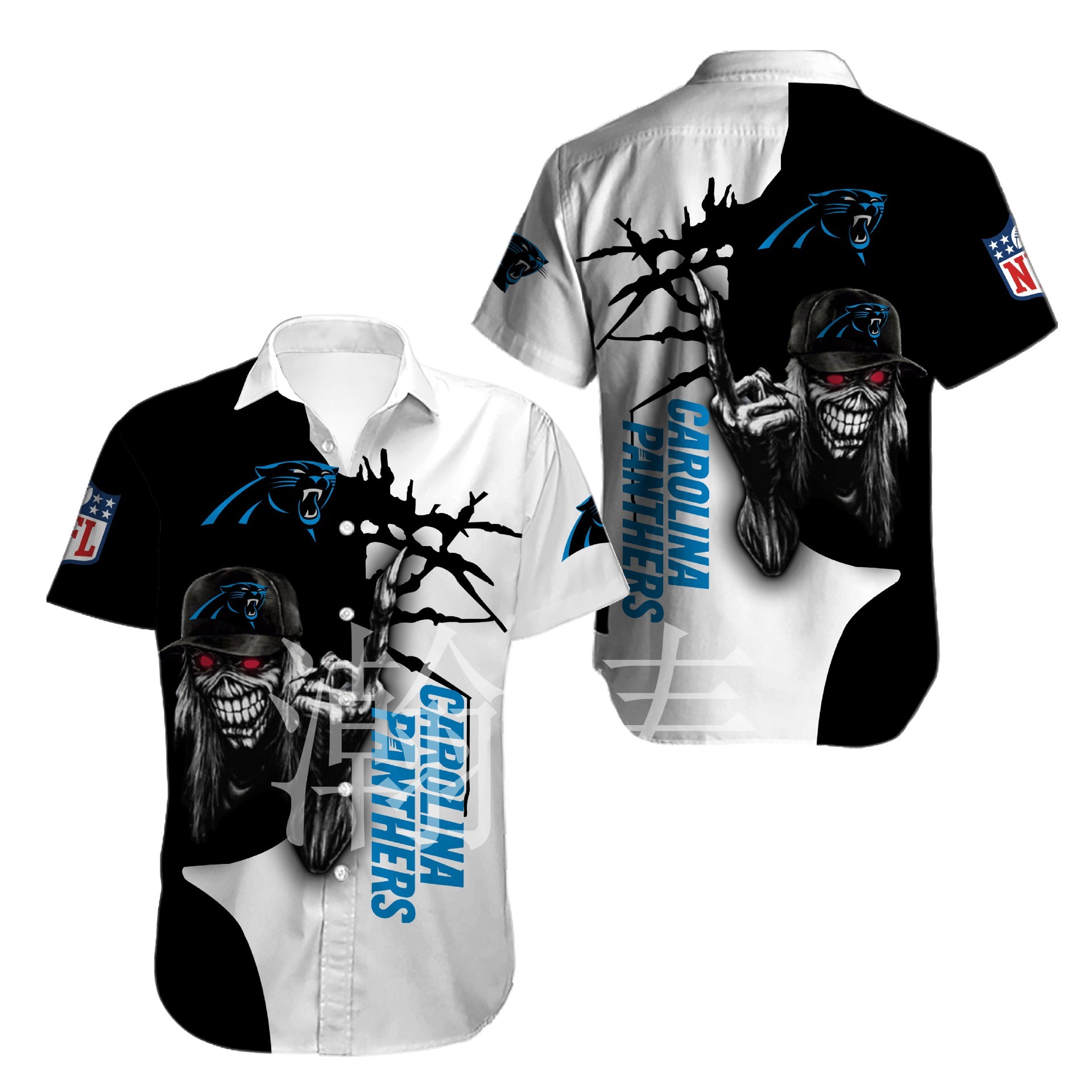 Carolina Panthers button-up shirt Iron Maiden gift for Halloween