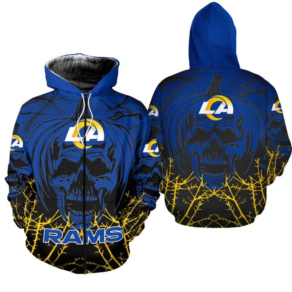 Los Angeles Rams 3D Skull Zip Hoodie Pullover Shirt For Fans