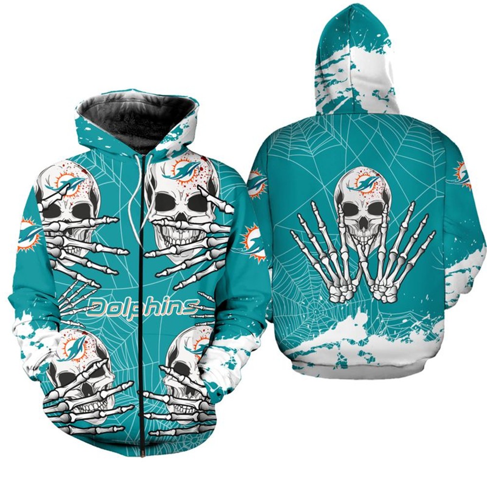 Miami Dolphins Hooded Halloween Pumpkin Skull Print Sweatshirt