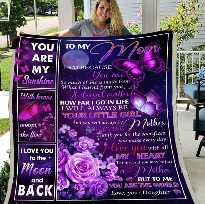 To My Mom I Am Because You Are Purple Flowers Fleece Blanket