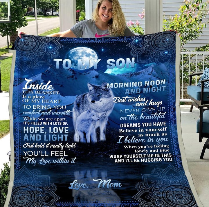 To My Son Inside This Blanket Is A Piece Of My Heart Wolf Fleece Blanket