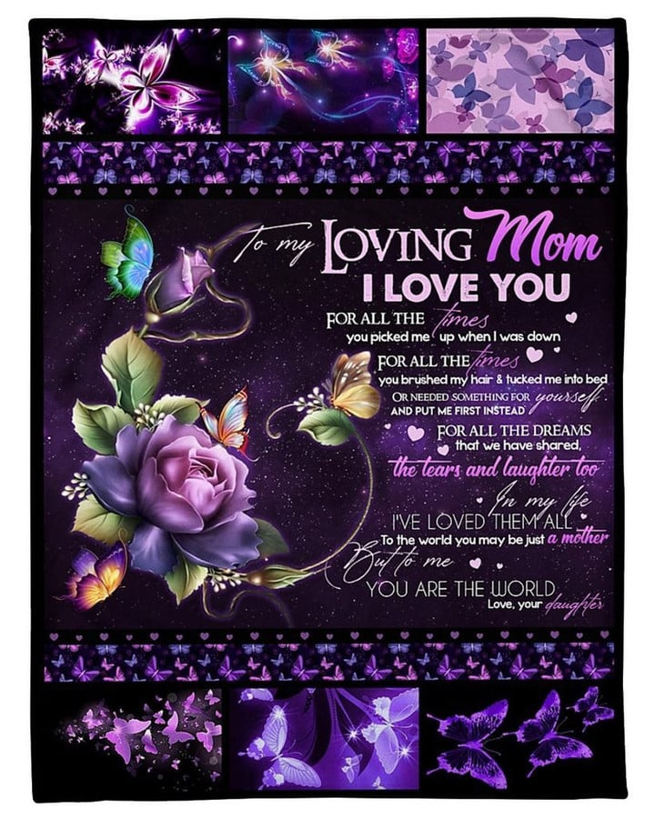 To My Loving Mom I Love You Daughter Butterfly And Rose Fleece Blanket