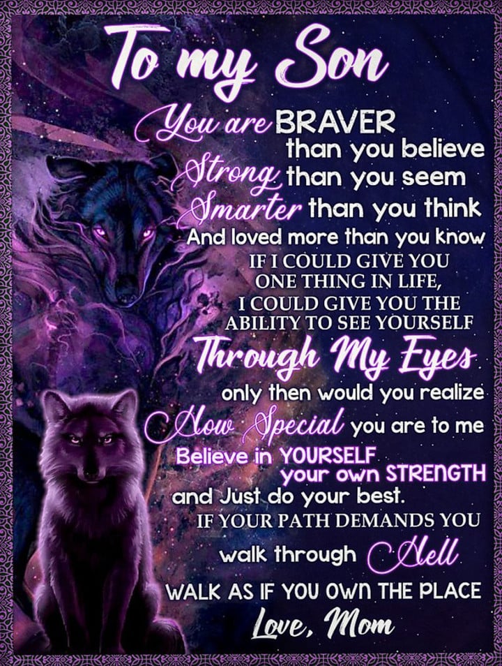 To My Son You Are Braver Than Believe Mom Purple Wolves Fleece Blanket