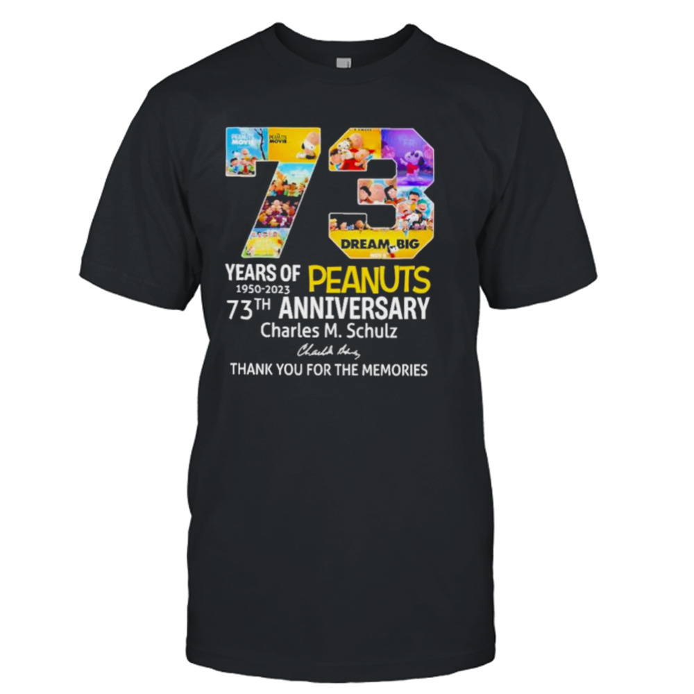 Peanuts 73 years of 1950 2023 73th anniversary thank you for the memories signature shirt