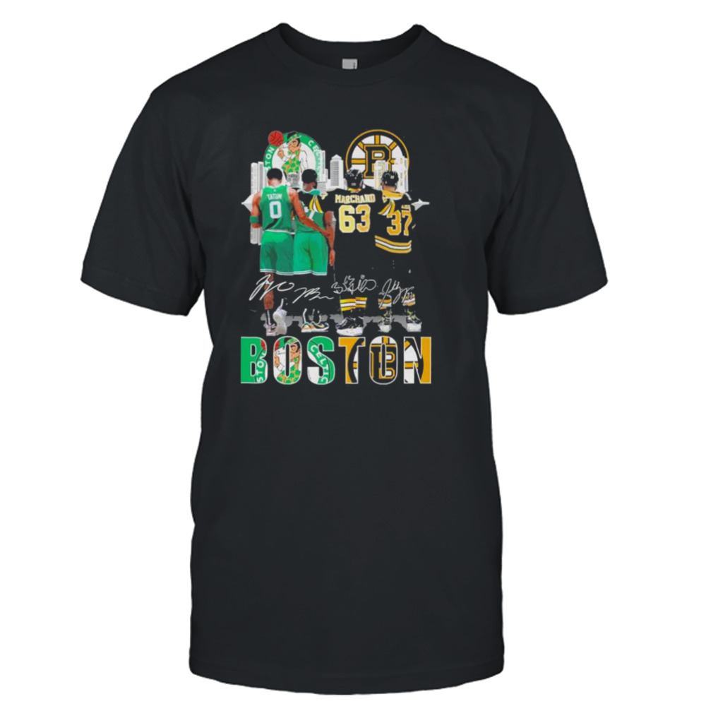 Boston Celtics And Boston Bruins Jaylen Brown Tatum Marchand Bergeron Signature Skyline shirt