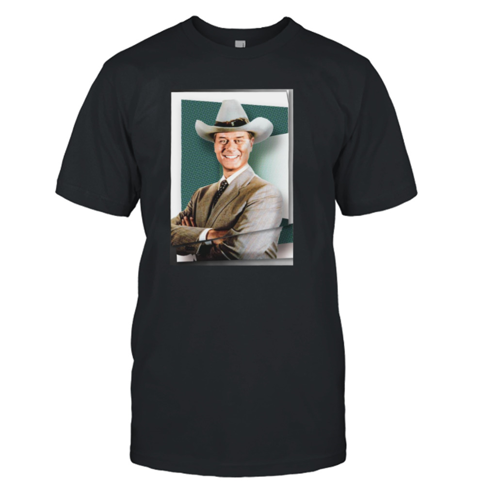 Dallas Jr Ewing Teal Background Graphic shirt