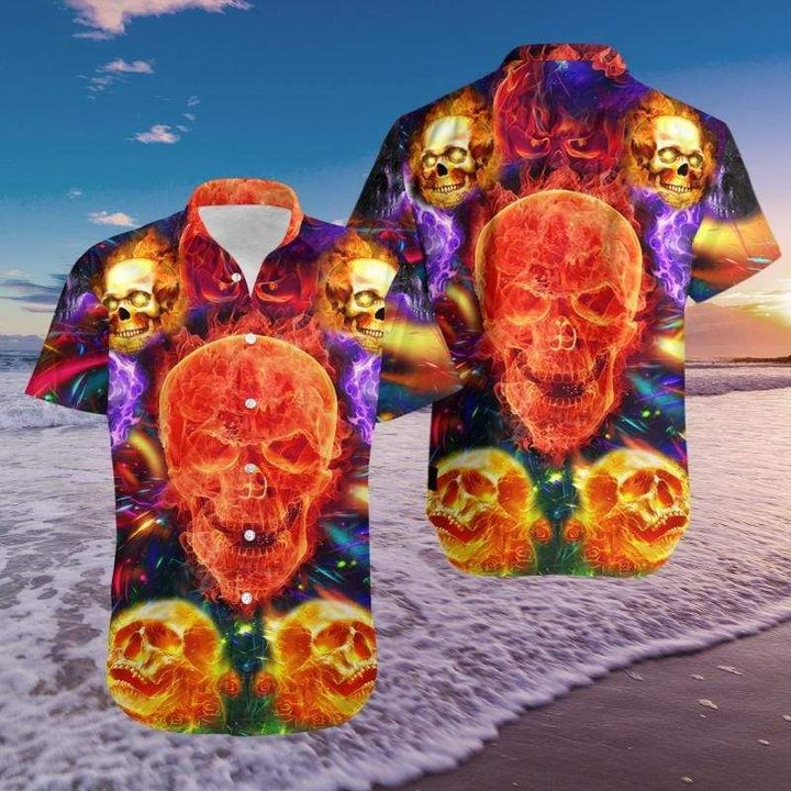 Fire Colorful Skull Halloween 3d Print Hawaiian Aloha Shirt