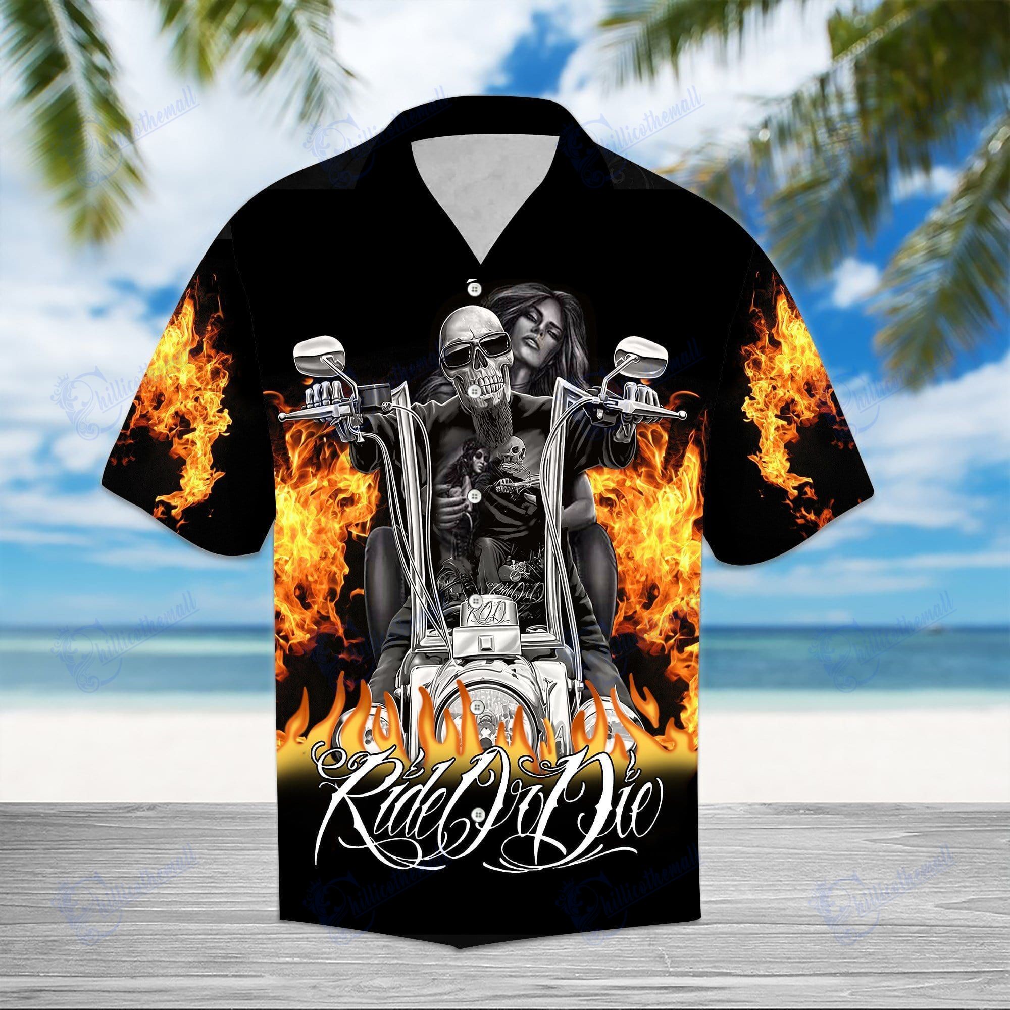 Flame American Motorcycles Gothic Skull Ride Or Die Hawaiian Aloha Shirt