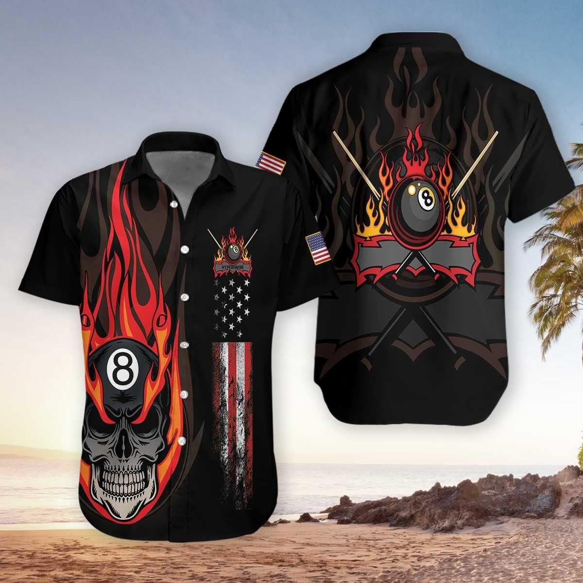 Flame Skull Billiards Aloha Hawaiian Shirt Colorful Short Sleeve Summer Beach Casual