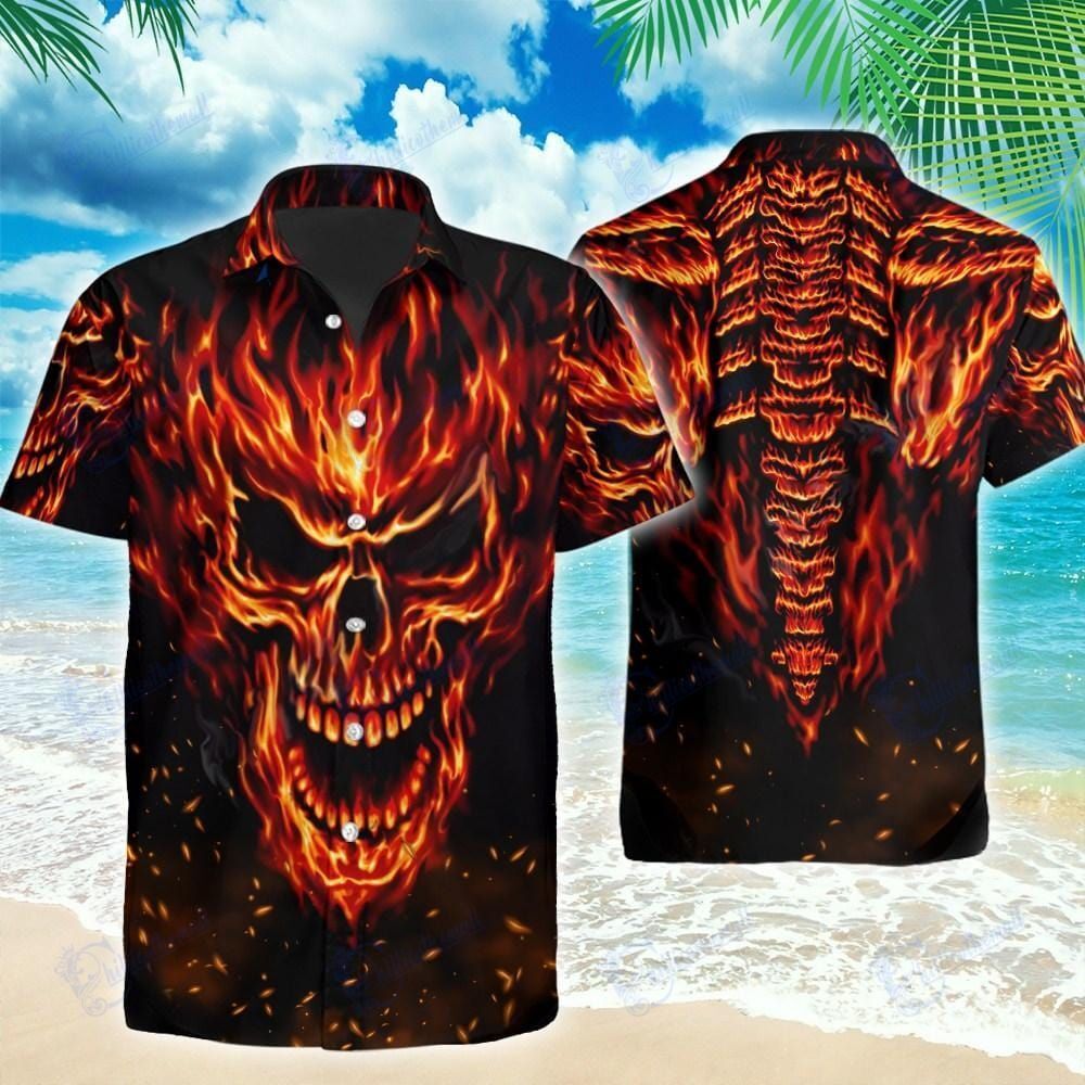 Flame Skull Skeleton Body On Fire Hawaiian Aloha Shirt