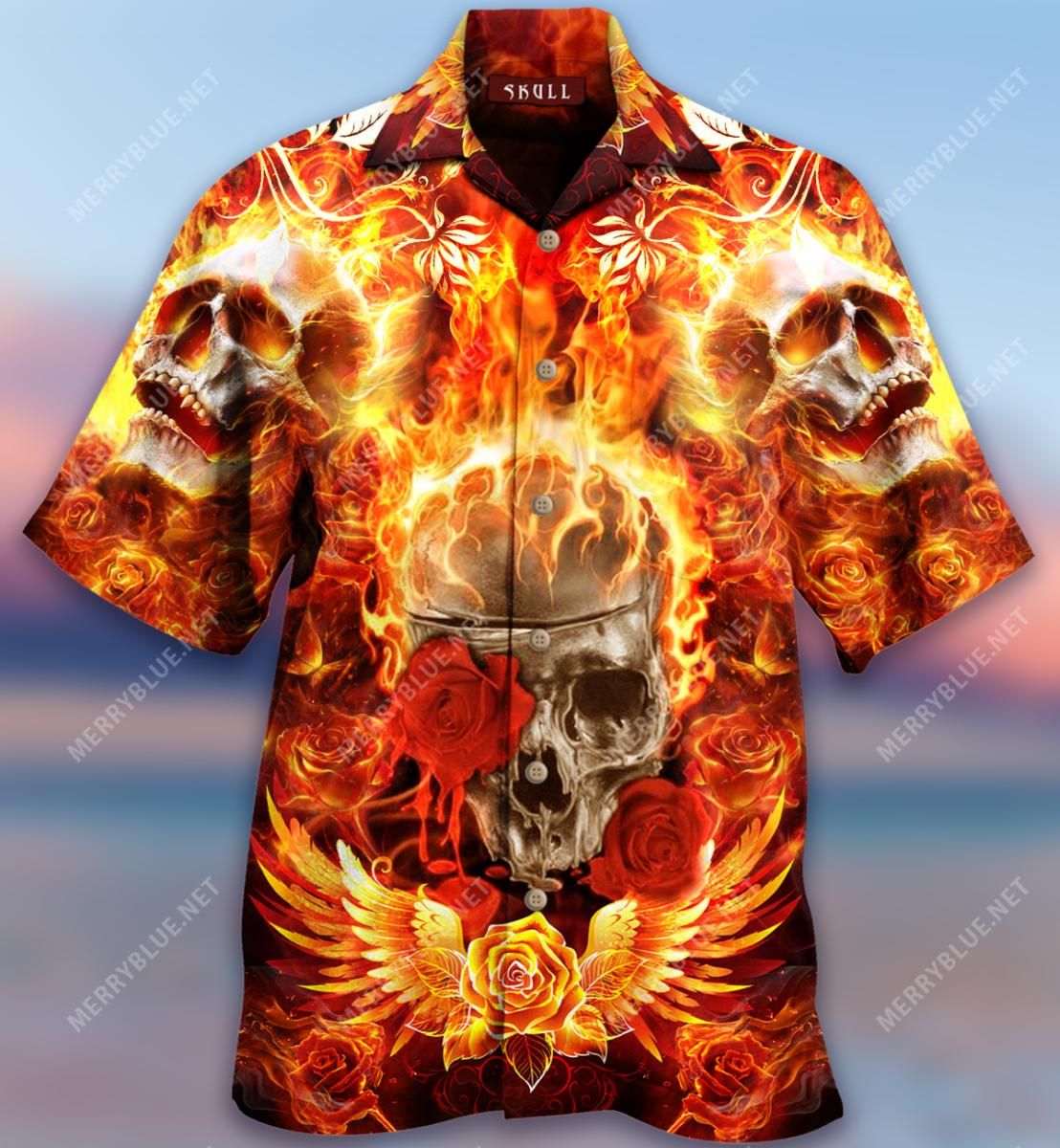 Flaming Rose Skull Aloha Hawaiian Shirt
