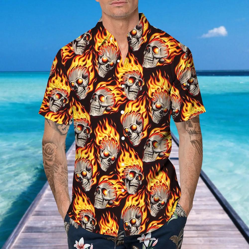 Flaming Skull Pile Hawaiian Shirt This Trends Summer Beach