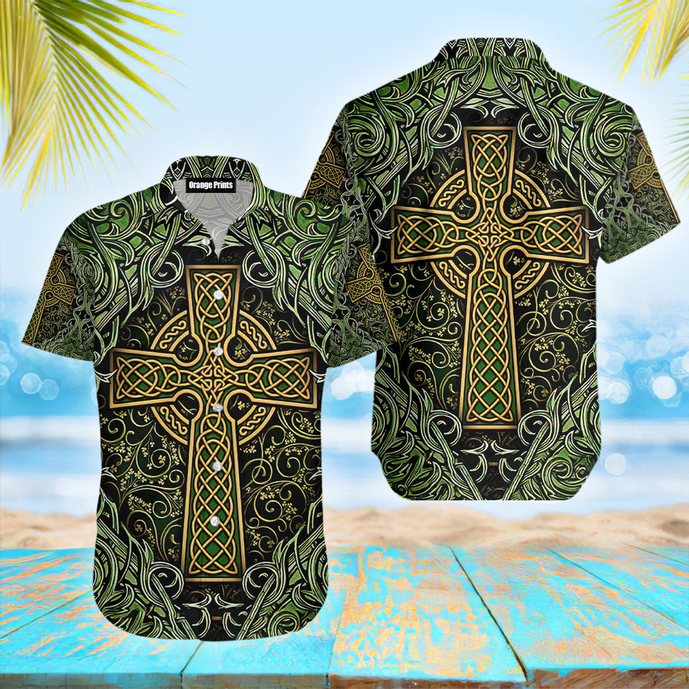 Celtic Cross St Patrick Green Irish Viking Nordic Knots Hawaiian Shirt