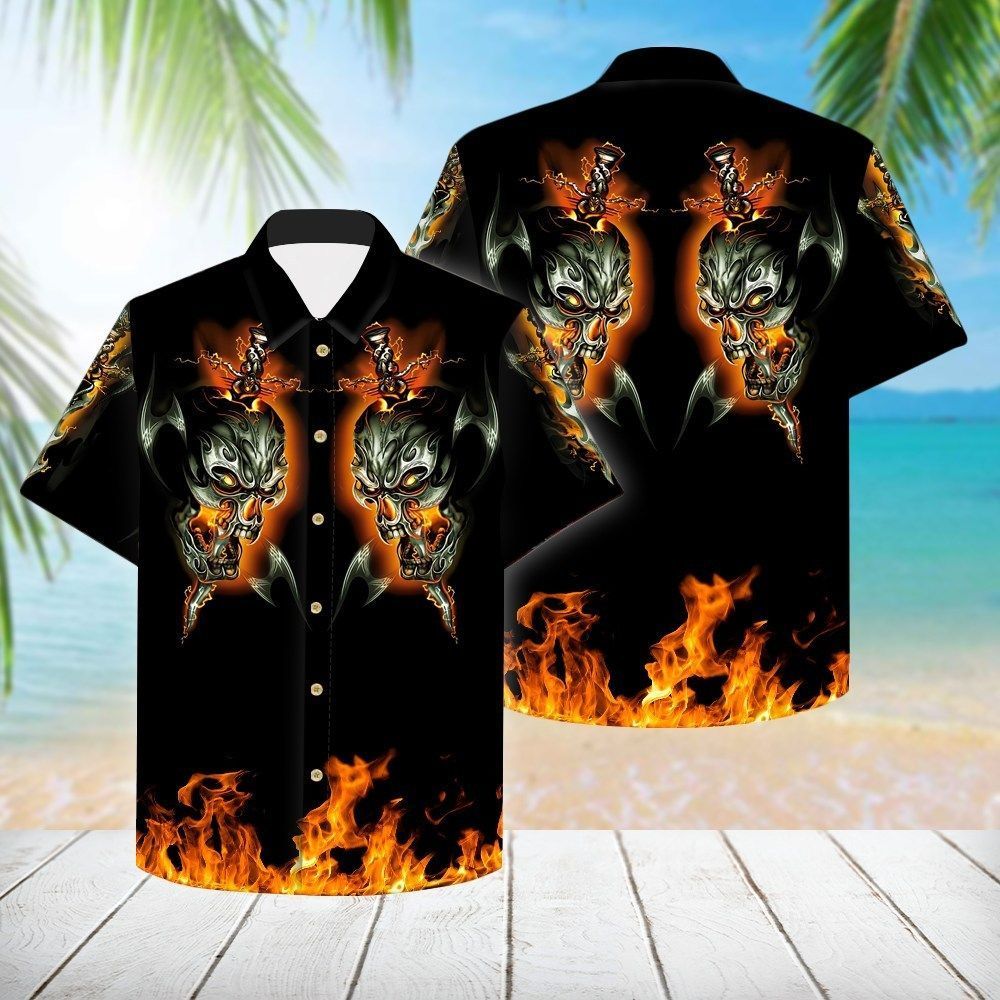 Check Out This Awesome 3d All Over Skull Fire Swords Hawaiian Shirt-1