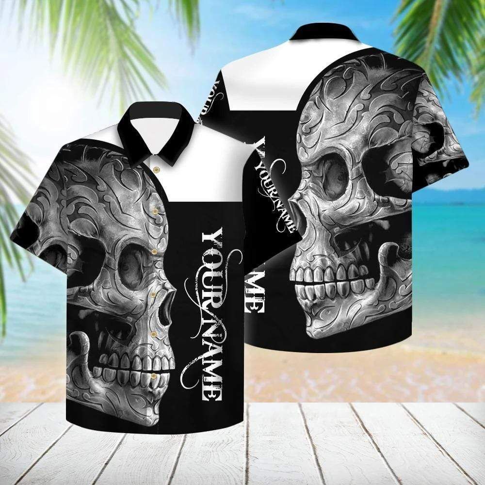 Check Out This Awesome Custom Name Black And White Skull Unisex Hawaiian Aloha Shirt