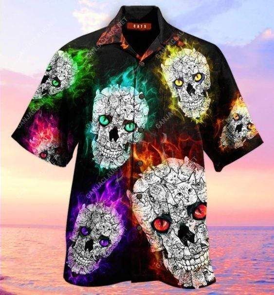 Check Out This Awesome Hawaiian Aloha Shirts Glowing Cat Skull