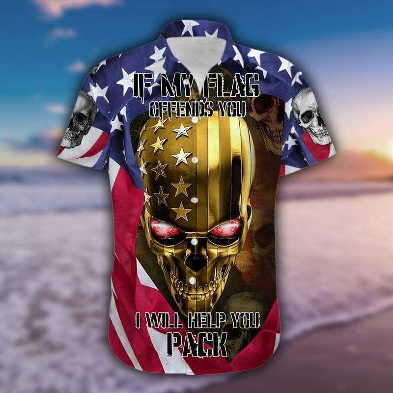 Check Out This Awesome If My Flag Offends You Gold Skull American Flag Hawaiian Shirt