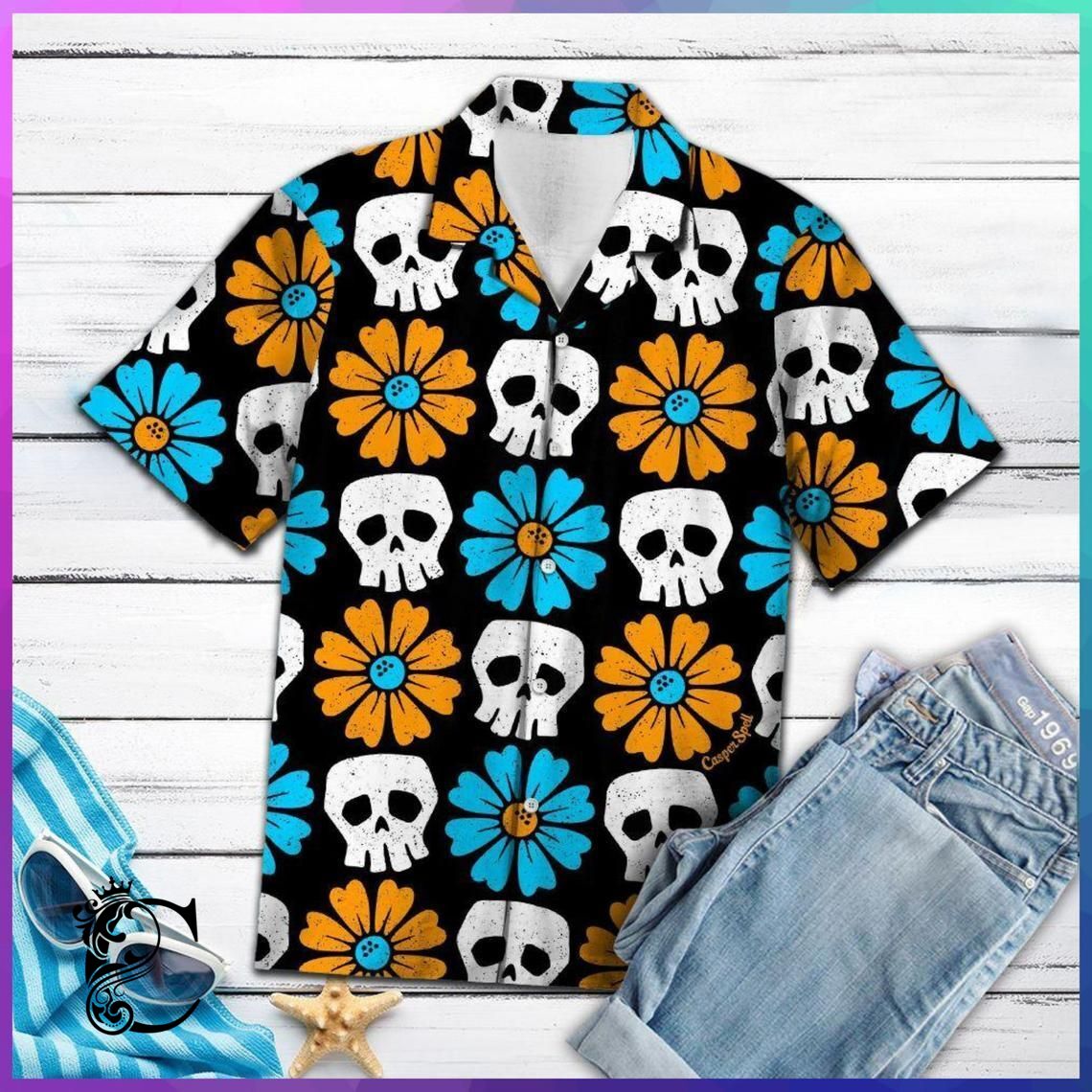 Chillicothemall Skull Flower Hawaiian Shirt