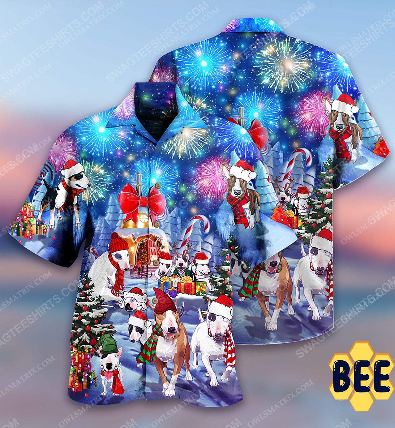 Christmas Holiday And Bull Terrier Dog Full Print Trending Hawaiian Shirt-1