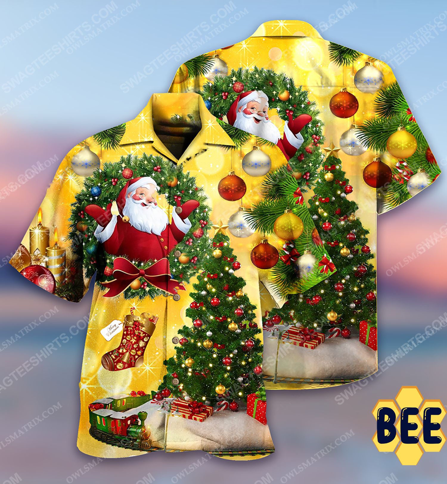 Christmas Tree And Santa Claus Full Print Trending Hawaiian Shirt-1