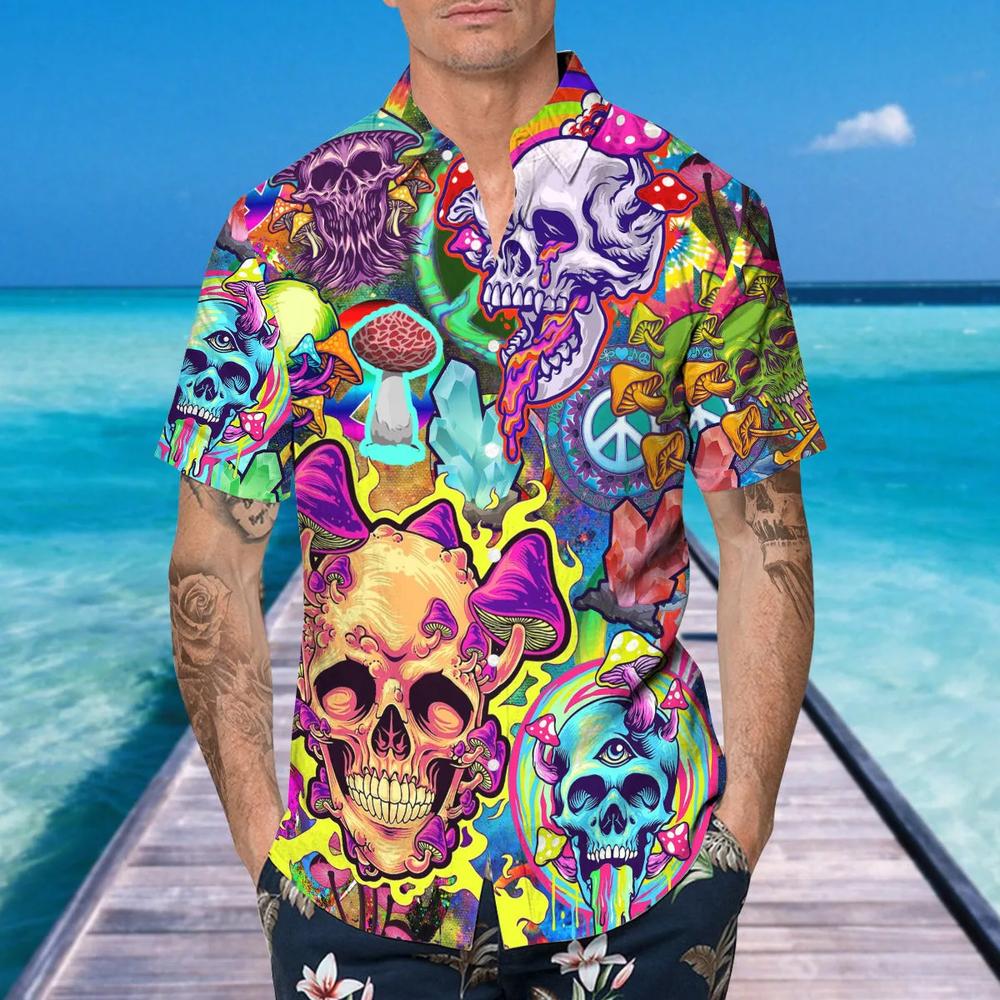 Colorful Mushroom Psychedelic Trippy Skull Hawaiian Shirt