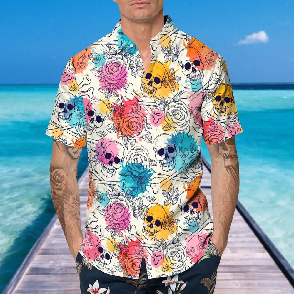 Colorful Roses Crossbones Skull Hawaiian Shirt