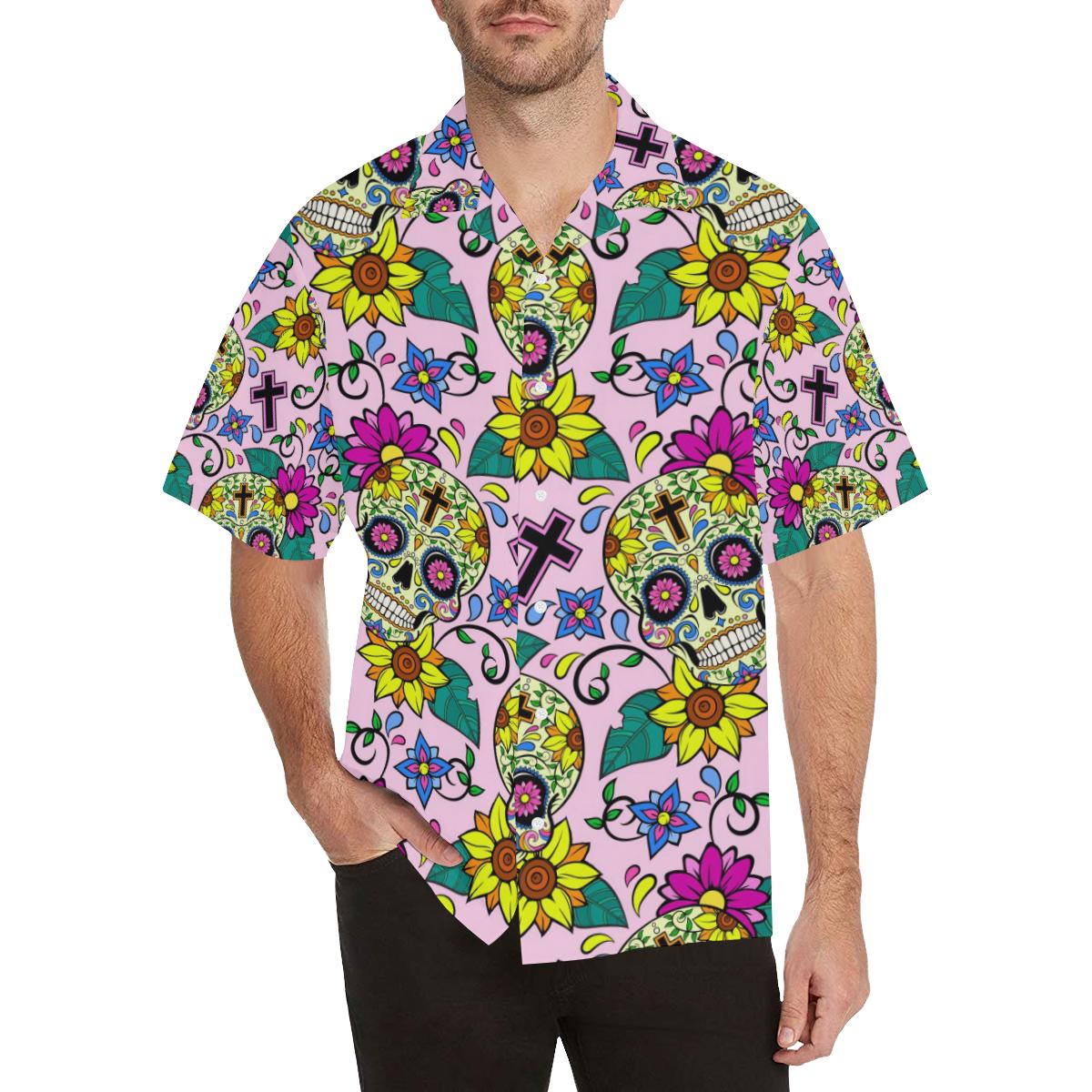 Colorful Suger Skull Pattern Mens All Over Print Hawaiian Shirt