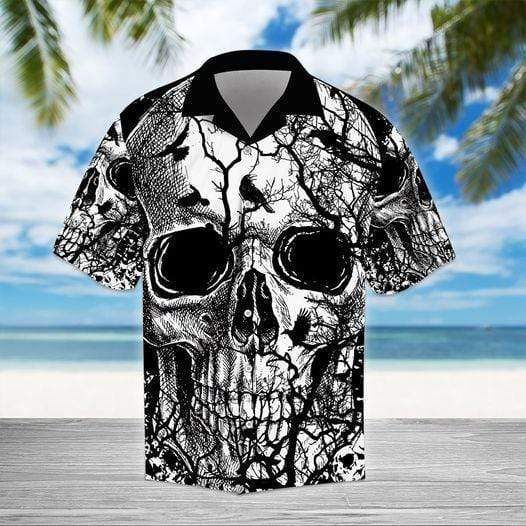 Cover Your Body With Amazing Black And White Skull With Bird Hawaiian Shirt