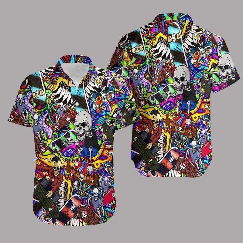 Cover Your Body With Amazing Hippie Skull Skating Hawaiian Aloha Shirt