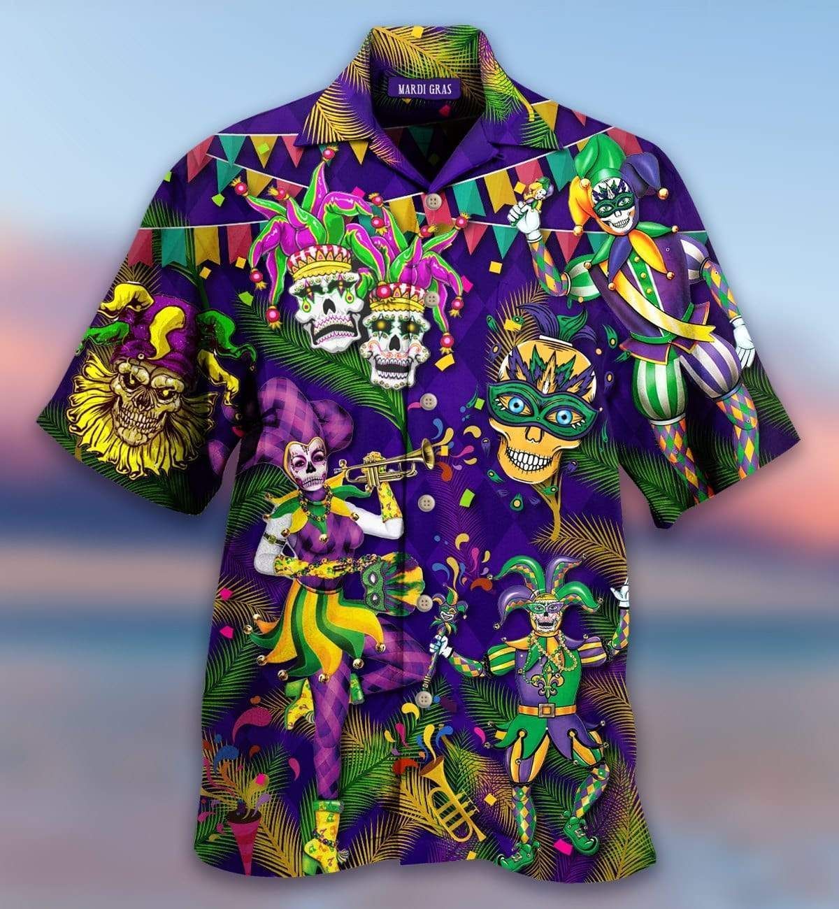 Cover Your Body With Amazing Mardi Gras Clown Skull Happy Purple Hawaiian Shirts