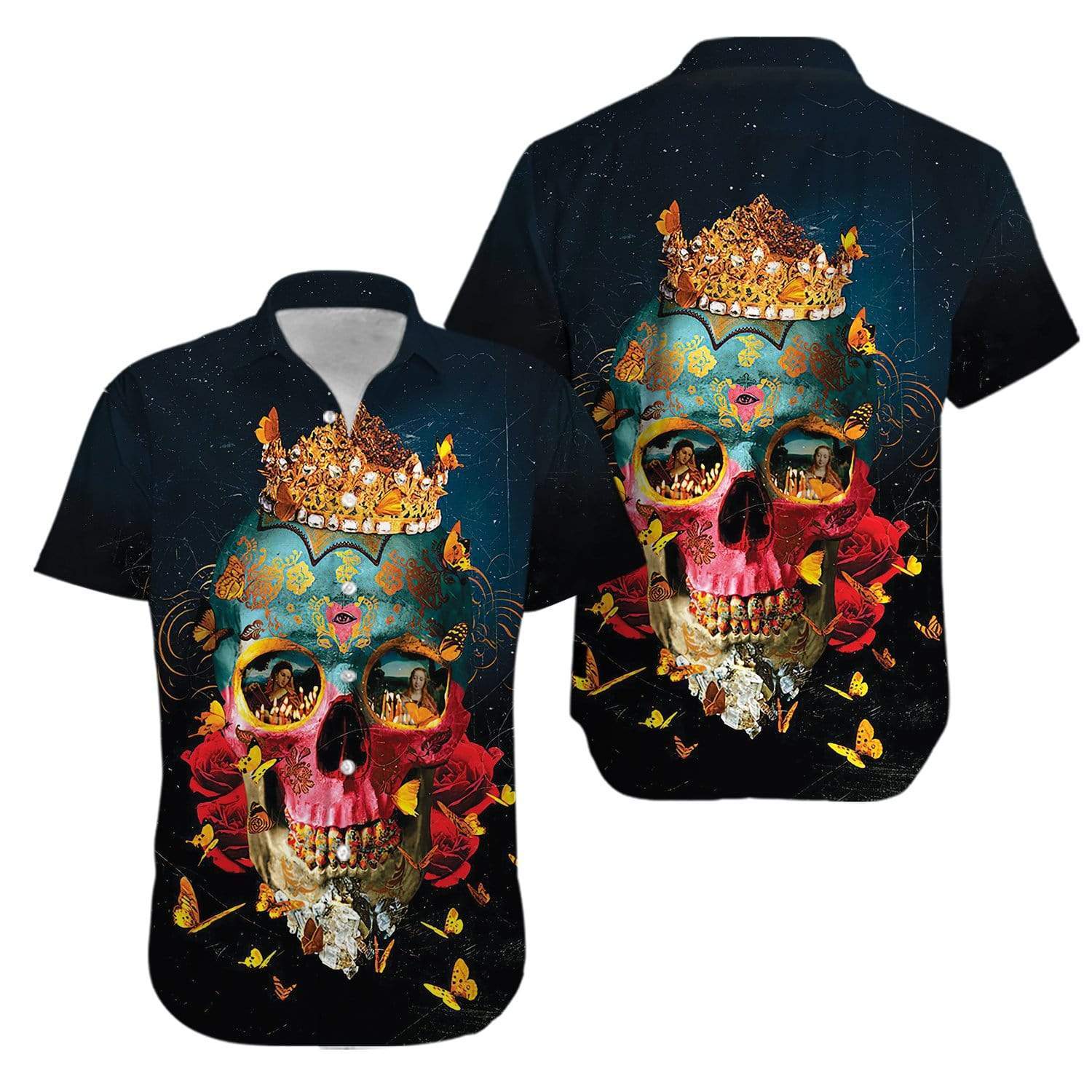 Crown Skull Fire Girl Hawaiian Unisex Aloha Shirt