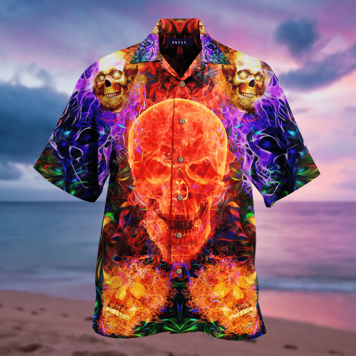 Dark Flame Skull On Fire Colorful Unisex Hawaiian Aloha Shirt