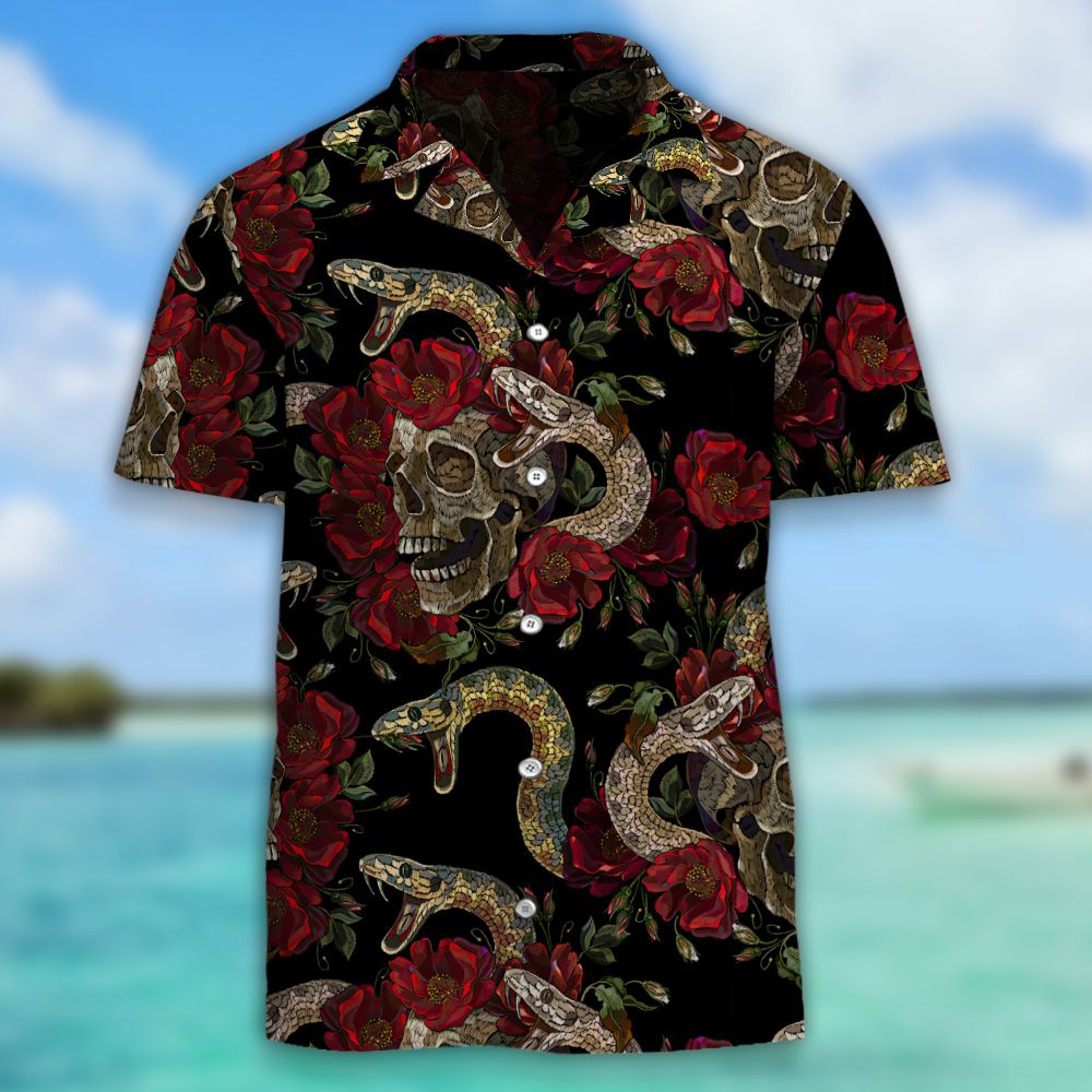 Dark Skull Snake And Roses Hawaiian Shirt