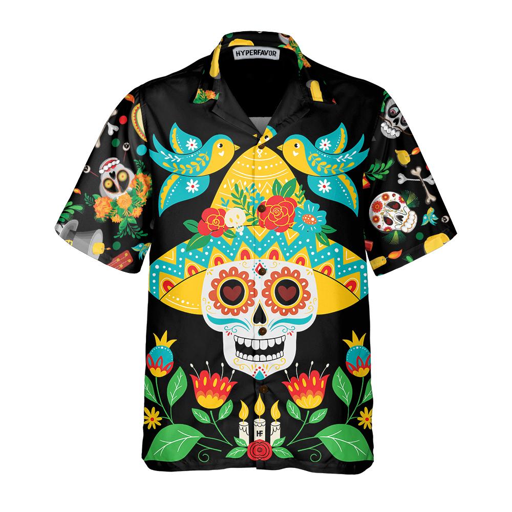 Day Of Dead Sugar Skull And Guitar Hawaiian Shirt Funny Mexican Skull Halloween Shirt