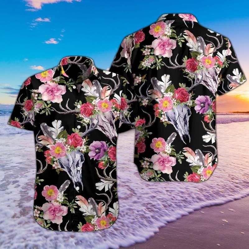 Deer Skull And Flowers Aloha Hawaiian Shirt Colorful Short Sleeve Summer Beach Casual Shirt