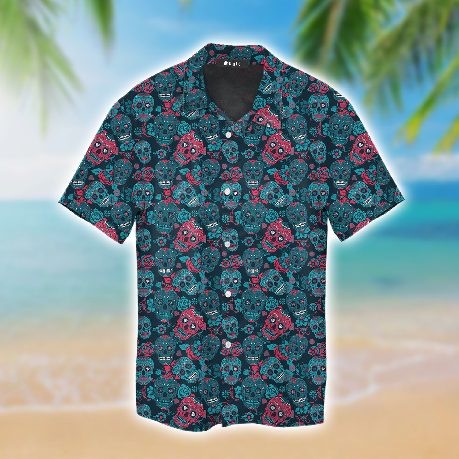 Diamond Rose Skull Blue Hawaiian Shirt