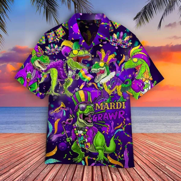 Dinosaur Happy Mardi Gras Hawaiian Shirts Fullsize For Men And Women