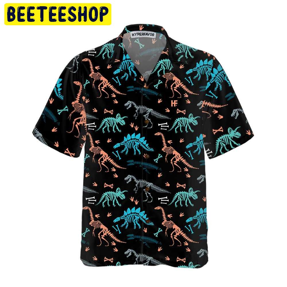 Dinosaur Skeleton Seamless Grunge Pattern Trending Hawaiian Shirt-1