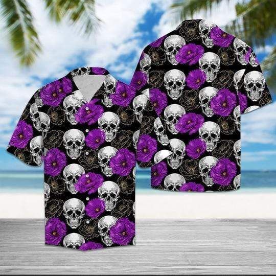 Discover Cool Skull With Purple Flower Hawaiian Aloha Shirts-1