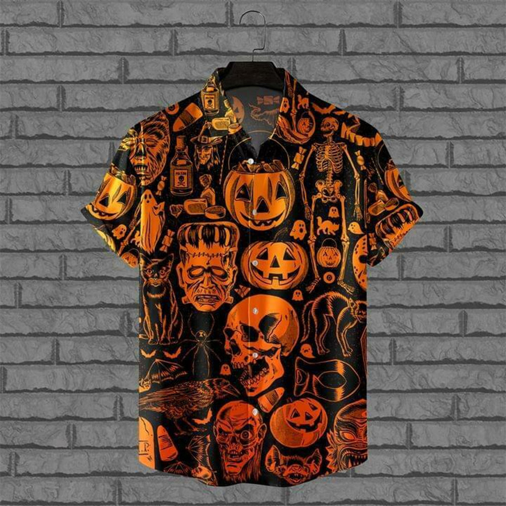 Everyday Is Halloween Skull Pumpkin Lantern Black Cat Skeleton Black Orange Unisex Hawaiian