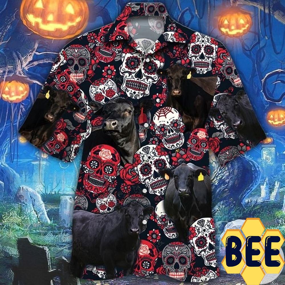 Farmer Black Angus Cattle Lovers And Sugar Skull Floral Halloween Hawaiian Shirt-1