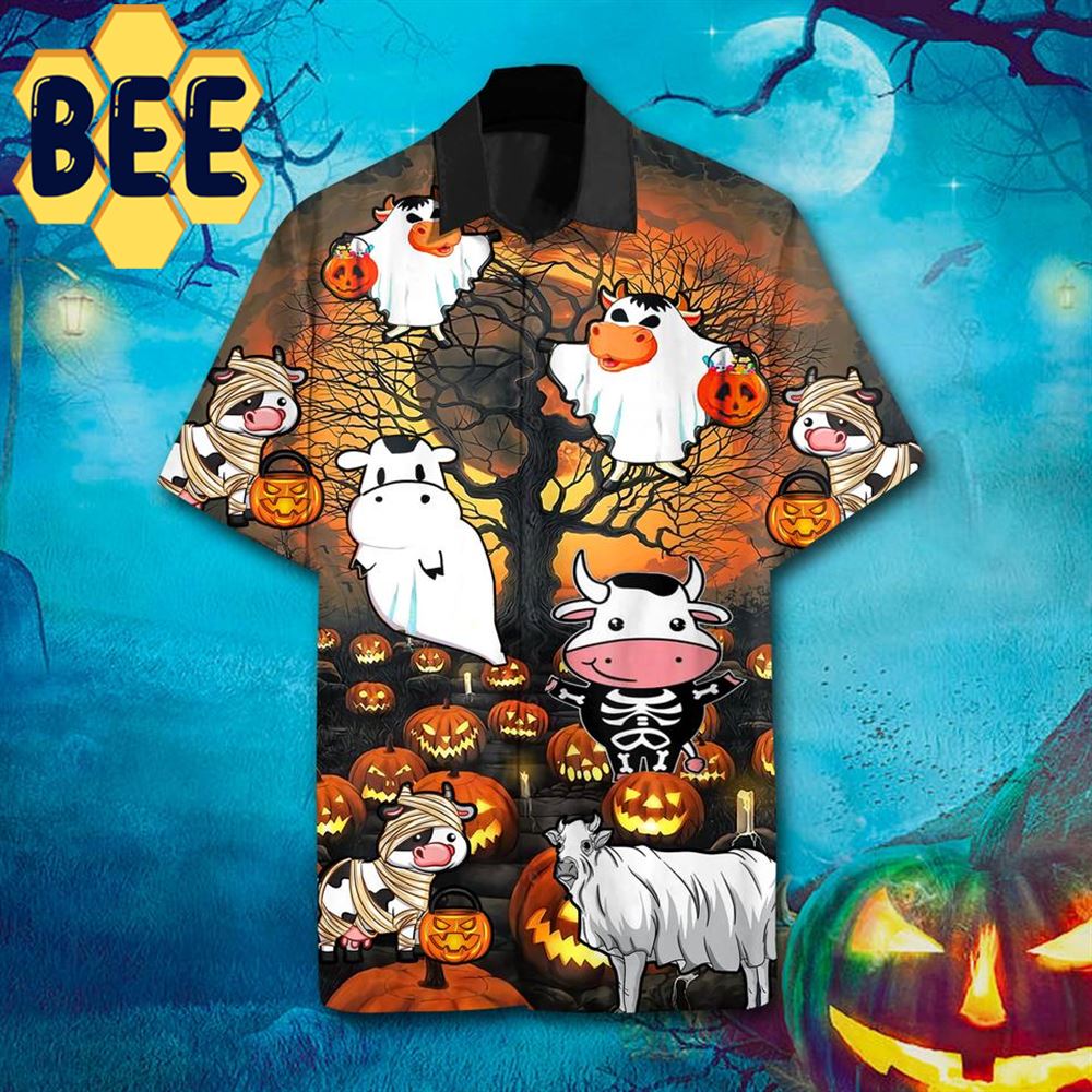 Farmer Cow And Pumpkins Halloween Hawaiian Shirt-1