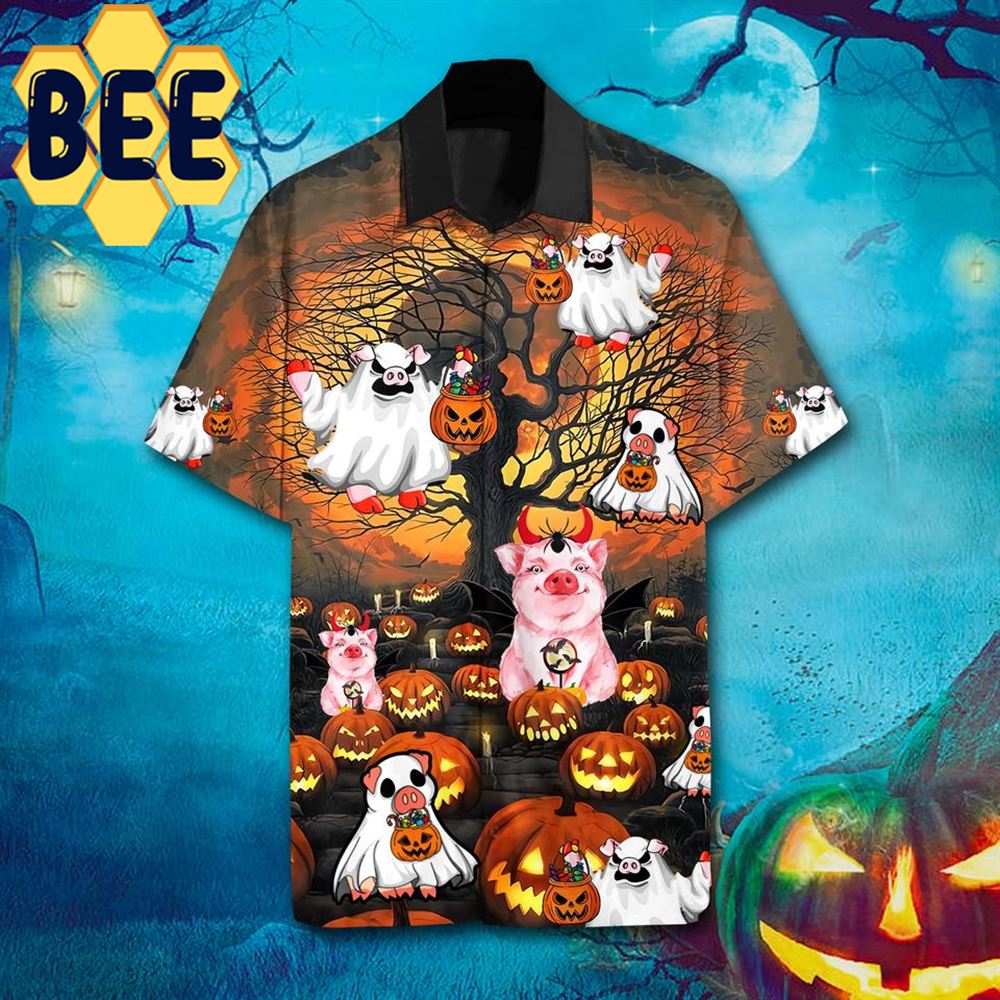 Farmer Pig And Pumpkins Halloween Hawaiian Shirt-1