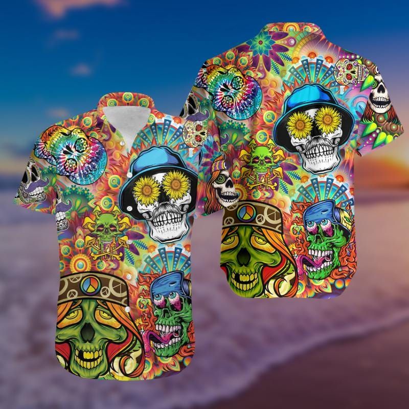 Felacia Hawaii Shirt Hawaiian Unisex Aloha Hippie Skull Colorful Shirt